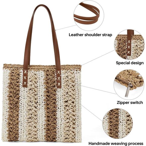 Boho Striped Woven Tote - Handmade, Chic, Beach Bag, Lightweight & Stylish - Picture 4 of 7